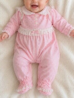 Vintage 80s 90s L’Angel Baby Girls Pink Lace Footed Sleeper 15-22 lbs 6-12M
